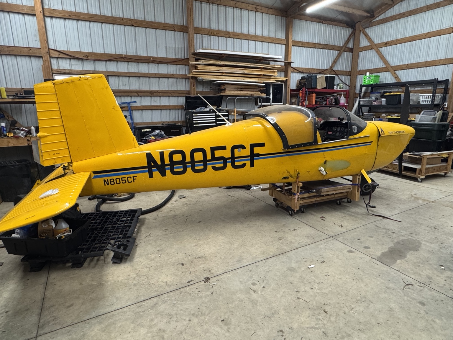 N805CF in the hangar